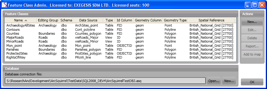 Feature class administration dialogue